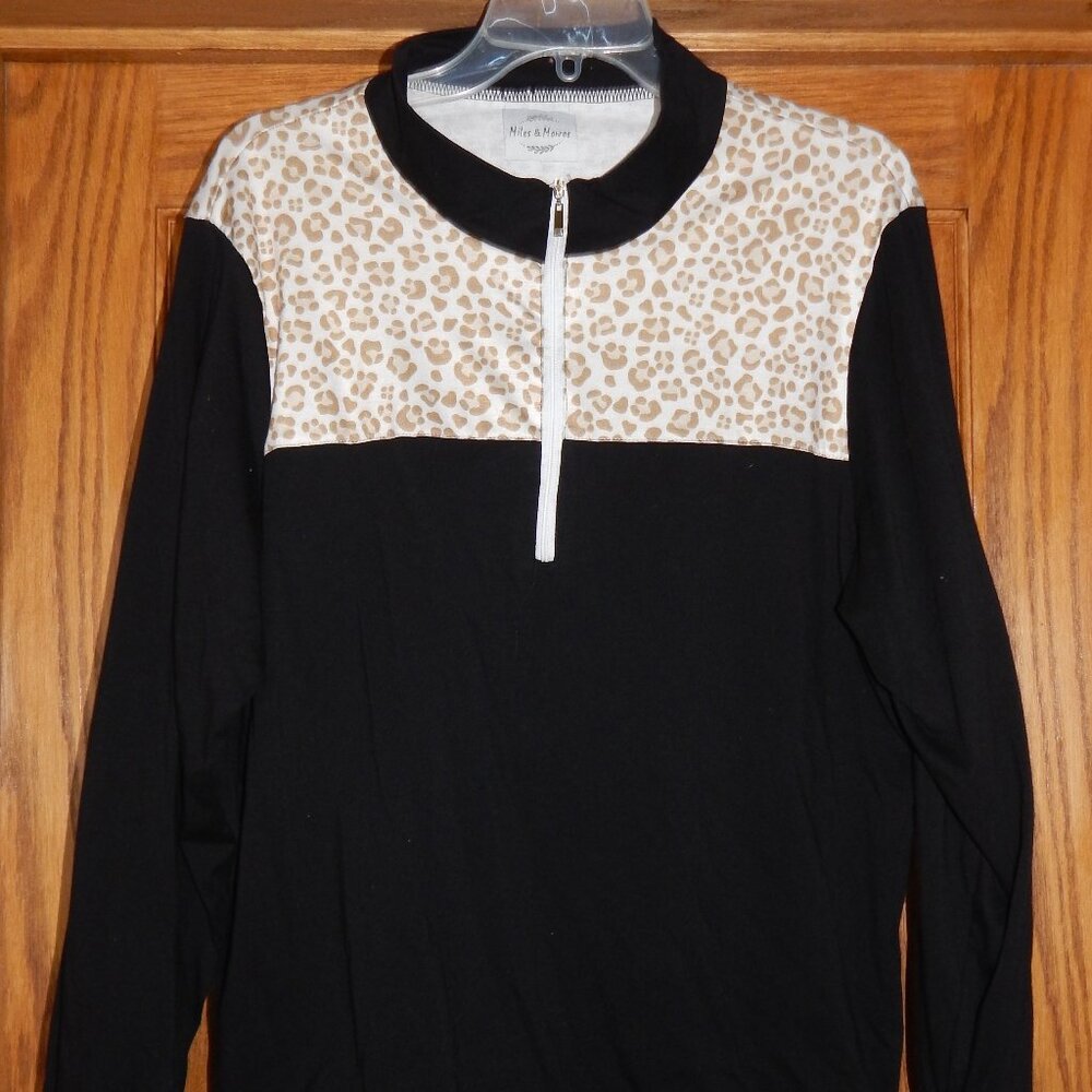 Women's Size XL Black & Cheetah Print 1/4 Zip Shirt by Boutique Miles & Monroe